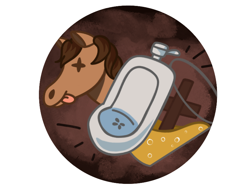 Episodencover1: Pferdekopf, Urinal, Glas mit Urin und Kreuz drinnen
